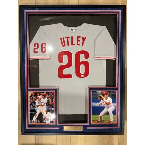 Chase Utley signed Philadelphia Phillies Grey Jersey Framed (FADED SIGNATURE) - Picture 1 of 6
